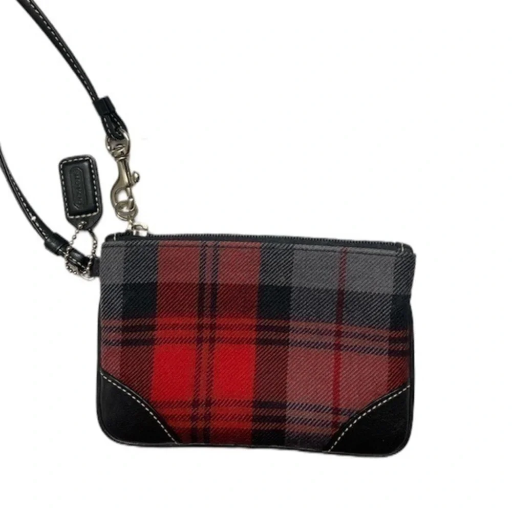 Coach plaid and leather wristlet bag